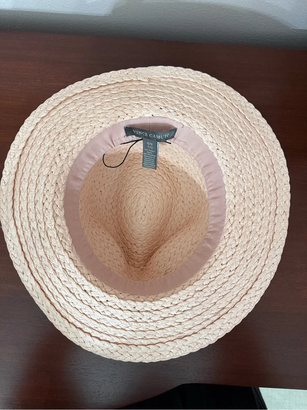 Light Pink and Metallic Straw Panama Hat with Pink Band and Gold V Accent